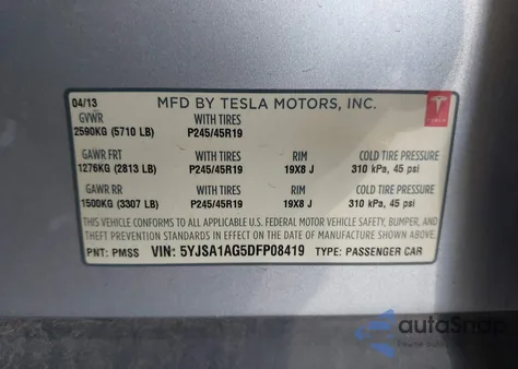2013 Tesla Model S z USA, uszkodzony, nr VIN 5YJSA1AG5DFP08419